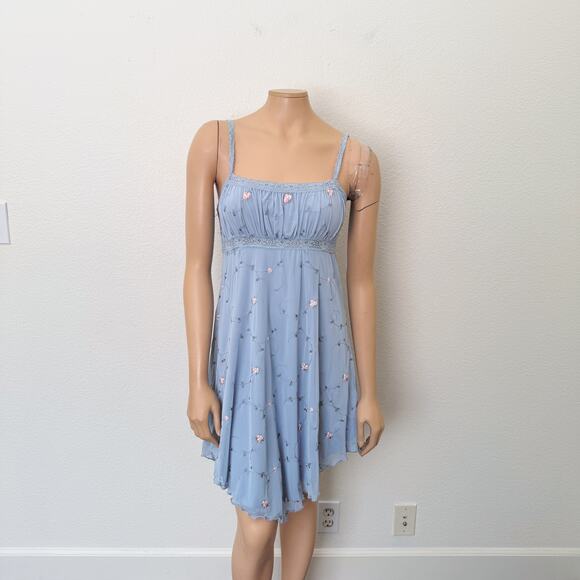 [Urban Outfitters] Blue Floral Embroidered 90s Babydoll Mini Dress Size Large L - Picture 2 of 12